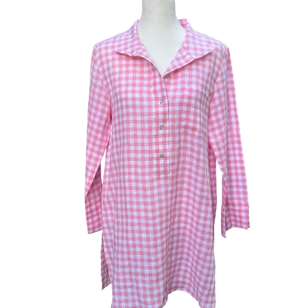Sara Campbell Pink Gingham Linen Daniela Tunic Shirt Size Small